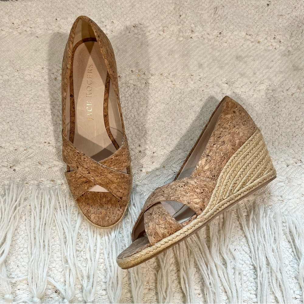 Jack Rogers PALMER Shoes Beige Cork Criss Cross Open Toe Wedge Heel Espadrille 7